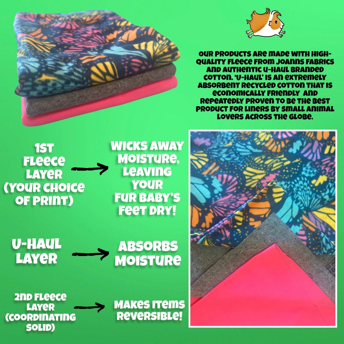 3x2 C&C Fleece Liners | Made-to-Order Reusable Reversible Fleece, U-Haul | 3x2, 3.5x2 | 42x28, 49x28 | Kavee, Cagetopia, GuineaPigCageStore